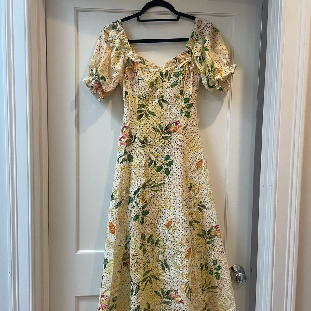 Floral Eyelet Puff-Sleeve Midi Dress - Yellow/Green